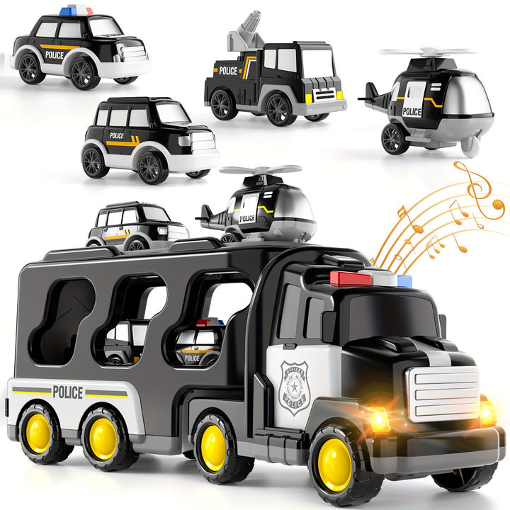 5-in-1 Fire Truck & Car Carrier – Friction Action Toy with Lights & Sounds (Ages 3–6)