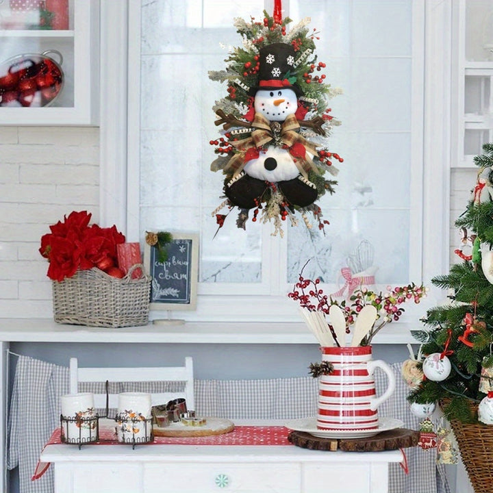 Snowman Swag Christmas Wreath – Plaid Bow, Pine Branches & Red Berries