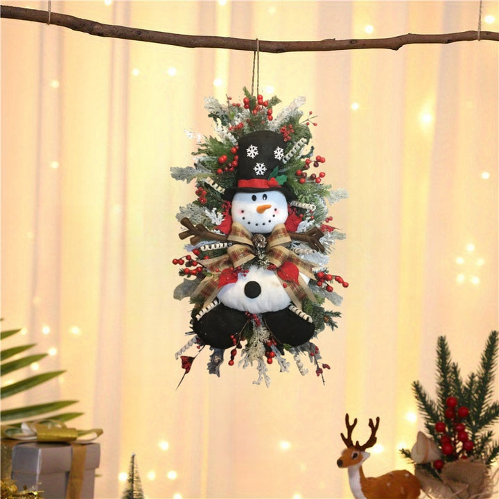 Snowman Swag Christmas Wreath – Plaid Bow, Pine Branches & Red Berries