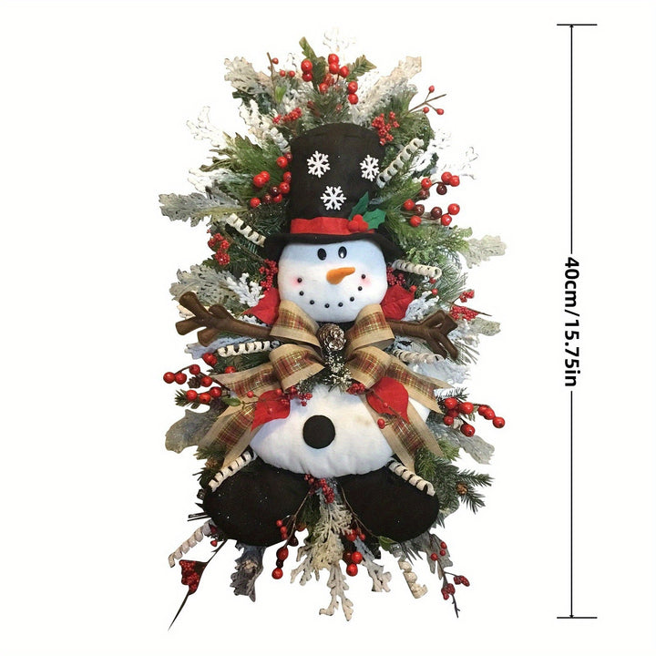 Snowman Swag Christmas Wreath – Plaid Bow, Pine Branches & Red Berries