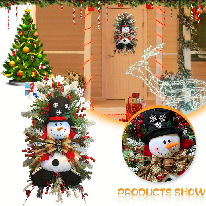 Snowman Swag Christmas Wreath – Plaid Bow, Pine Branches & Red Berries
