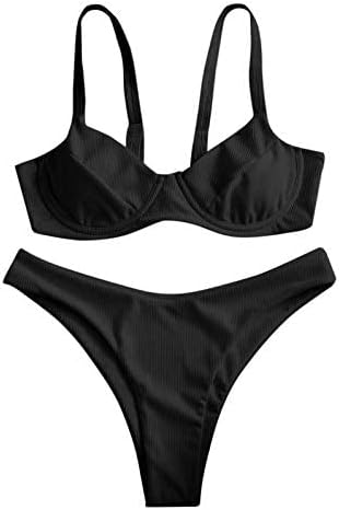 ZAFUL Underwire High Leg Ribbed Bikini Swimsuit Two Pieces Set Black, M