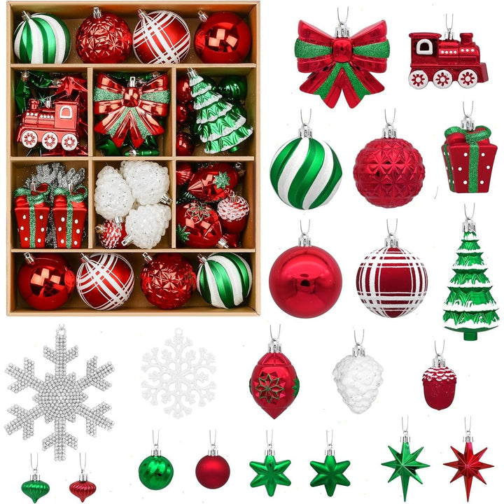 82Pcs Christmas Baubles Set – Shatterproof Tree Ornaments in Red, Gold, Green & White