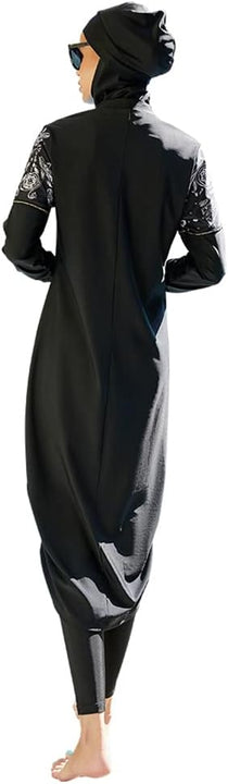 OBEEII Women's Swimsuit Muslim Suit Conservative Long Sleeve Trousers with Headscarf Three-Piece Beach Surf S-XL, Black 02, M