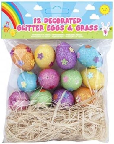 Easter Decoration - 24x Decorated Easter Glitter Eggs and Grass - 3cm X 4cm - For Easter Basket Decoration, Easter Egg Hunt, Party Decoration