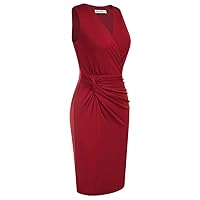 GRACE KARIN Ladies Vintage 1950s Front Knot Ruched Bodycon Autumn Midi Oversize Wine Red L