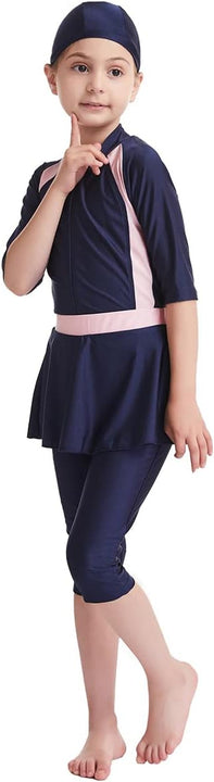 Girls' Modest Muslim Swimwear UPF 50+ UV Islamic Hijab Swimsuit Long Sleeve Top Shirt with Shorts Swimming Cap 3-Piece Swimsuit Beach Wear, Navy Blue 1, 9-10 Years