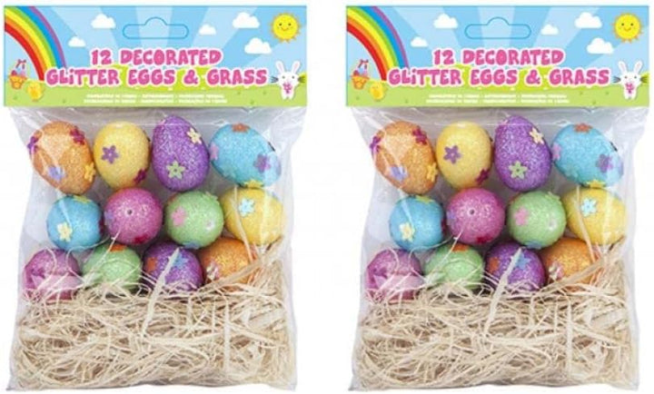 Easter Decoration - 24x Decorated Easter Glitter Eggs and Grass - 3cm X 4cm - For Easter Basket Decoration, Easter Egg Hunt, Party Decoration