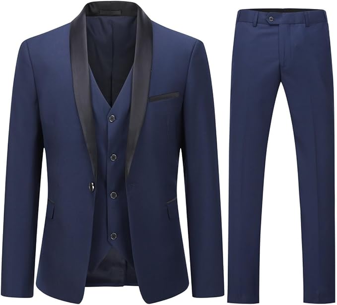 YOUTHUP Mens Suits Slim Fit 3 Piece Suit Shawl Lapel Wedding Dinner Tuxedo 1 Button Blazer Pants Vest, Dark Blue, S