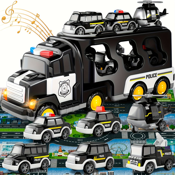 5-in-1 Fire Truck & Car Carrier – Friction Action Toy with Lights & Sounds (Ages 3–6)