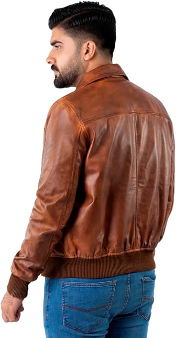 Mens Biker Vintage Distressed Bomber Winter Leather Jacket, Brown, XL-For Person with Chest (43 inches or 109cm)