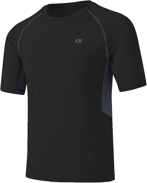 Huayuzh Mens Swim Shirts Short Sleeve Rash Guards Rashguard UPF 50+ Quick Drying T-Shirts Surfing Pool Beach Sports Top Black 2XL