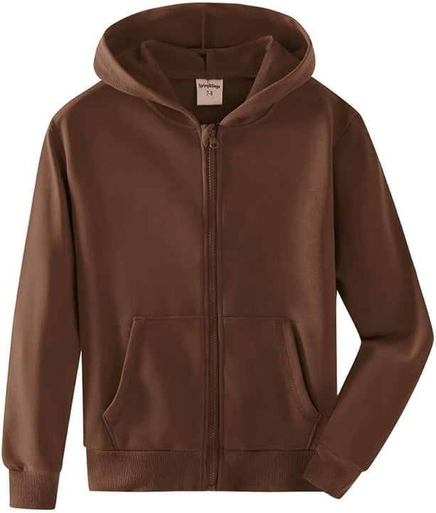 Spring&Gege Youth Solid Full Zipper Hoodies Soft Kids Hooded Sweatshirt for Boys and Girls, Brown, Size 9-10 Years