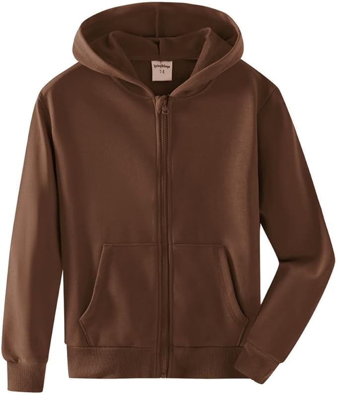 Spring&Gege Youth Solid Full Zipper Hoodies Soft Kids Hooded Sweatshirt for Boys and Girls, Brown, Size 9-10 Years