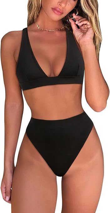 Fatty Tiger Womens High Waisted Thong Bikini Sets Sexy Brazilian Triangle Top Deep V Neck Two Piece Swimsuit Bathing Suits, Black, Small