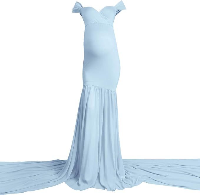 Odizli Maternity Dress, Photo Shoot, Off Shoulder Chiffon Tulle Mermaid Long Dress, Pregnant Clothing, Festive Wedding, Elegant Evening Dresses, Maternity Fashion, lightblue, One size