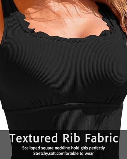 CharmLeaks Retro Square Neckline Ladies Swimming Costumes Removable Pads One Piece Swimsuit Chic Bathing Suit Black S