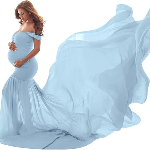 Odizli Maternity Dress, Photo Shoot, Off Shoulder Chiffon Tulle Mermaid Long Dress, Pregnant Clothing, Festive Wedding, Elegant Evening Dresses, Maternity Fashion, lightblue, One size