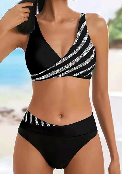 Zueauns Women's Bikinis High Waisted Bikini Set Criss Cross Push Up Bikini Top V Neck Padded Two Pieces Bathing Suits Swimsuits Tummy Control Swimwear Ladies Sports Swimming Costumes Black, 3XL