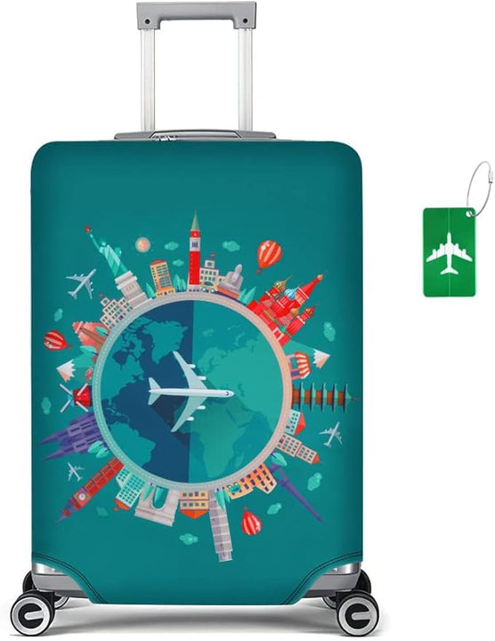 flintronic Travel Luggage Cover Elastic, Luggage Cover, Suitcase Cover, 22-25 Inch Suitcase Protective Cover, with Luggage Tag*1 (M, Green-Plane)