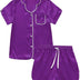 Alcea Rosea Kids Short Sleeve Silky Satin Pajama Set Button-Down Sleepwear Pajama Shorts Nightwear110-150(Purple,kids-120cm-5-6years)