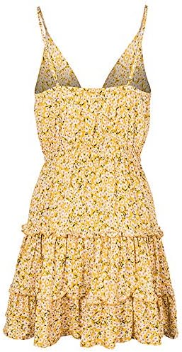Women's Floral Strap Sundress High Waist Flounce Dress Vintage Mini Dress Beach Dress, Yellow, XL