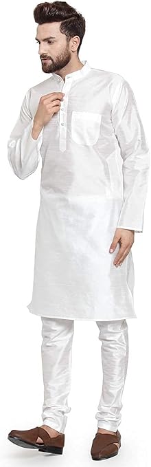 FASHIONZAADI Men Silk Kurta Pajama Set Indian Men's Wedding Designer Collection Party Wear Churidar Kurta for Boys (White, 3XL)