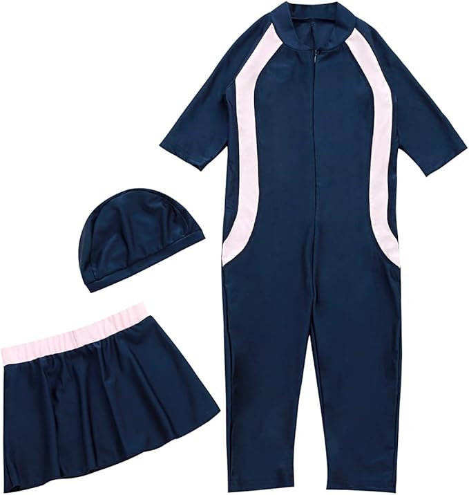Girls' Modest Muslim Swimwear UPF 50+ UV Islamic Hijab Swimsuit Long Sleeve Top Shirt with Shorts Swimming Cap 3-Piece Swimsuit Beach Wear, Navy Blue 1, 9-10 Years