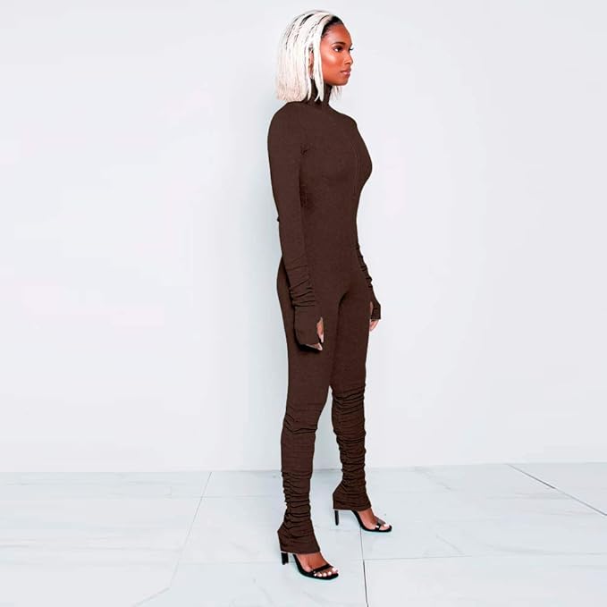 XLLAIS Women's Long Sleeve High Neck Zipper Bodycon Tight Full Length Jumpsuits Rompers One Piece Outfits Brown M