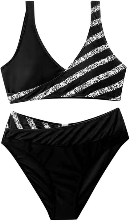 Zueauns Women's Bikinis High Waisted Bikini Set Criss Cross Push Up Bikini Top V Neck Padded Two Pieces Bathing Suits Swimsuits Tummy Control Swimwear Ladies Sports Swimming Costumes Black, 3XL