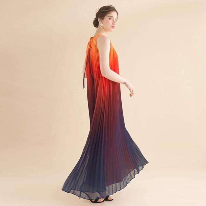 Chicwish Women's Splendor of The Sunset Orange Violet Halter Neck Gradient Pleated Maxi Slip Chiffon Dress, Purple, XL