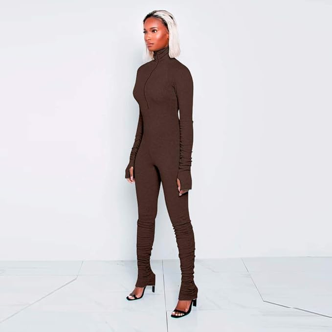 XLLAIS Women's Long Sleeve High Neck Zipper Bodycon Tight Full Length Jumpsuits Rompers One Piece Outfits Brown M