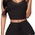 SamHeng 2PCS Short Pajama Set for Women, Spaghetti Strap Crop Top Lace Camisole and Shorts V-Neck Sleeveless Sleepwear PJ Set Nightwear(Black/L)