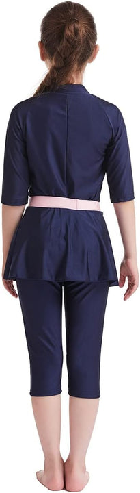 Girls' Modest Muslim Swimwear UPF 50+ UV Islamic Hijab Swimsuit Long Sleeve Top Shirt with Shorts Swimming Cap 3-Piece Swimsuit Beach Wear, Navy Blue 1, 9-10 Years