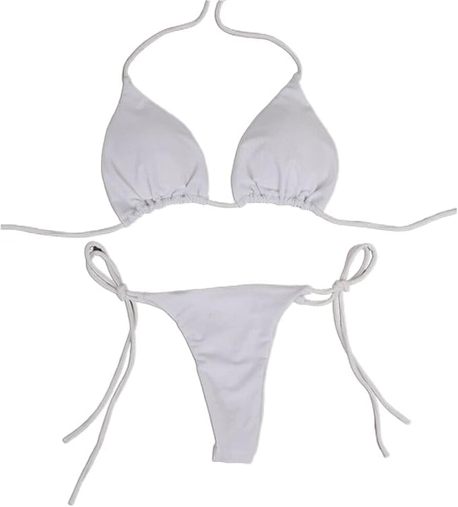 Women Sexy Brazilian Bikini Set 2 Piece Spaghetti Strap Halterneck Bra Top Tie Side Thong Swimwear Bathing Suit (C-White, M)