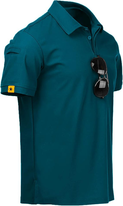 JACKETOWN Men's Polo Shirts Short Sleeve Badminton Breathable Poloshirt Summer Shirt with Spectacle Holder Button Front T Casual Sport Golf Adult(Dark Turquoise-Blue-L), 012-dark Turquoise Blue