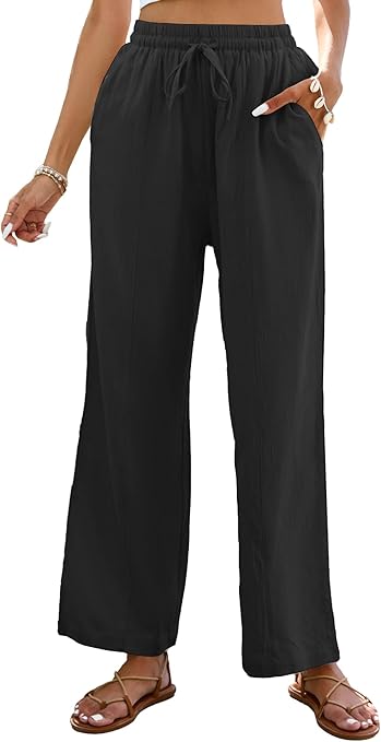 Famulily Women's Summer Loose Trousers Wide Leg Cotton Linen Pants Drawstring Elasticated Waist Trousers with Pockets Black XL