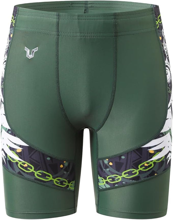 HUGE SPORTS Men's Splice Swimming Shorts Compression Jammer Long Wild Series, Bear Green, XXL