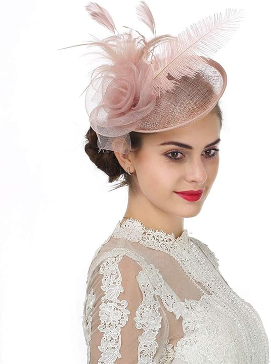 Sinamay Flower Feather Headband Fascinator Wedding Headwear Ladies Race Royal Ascot Pillbox Wedding Cocktail Tea Party Derby Hat for Women (A4-Light Pink)