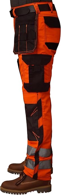 ZS7 Hi Vis Work Trousers Men Durable Polycotton Fabric Multiple Pockets Work Utility & Safety Trousers Reflective Tape High Visibility Work Pants (UK, Waist & Inseam, 38W 34L, Orange)