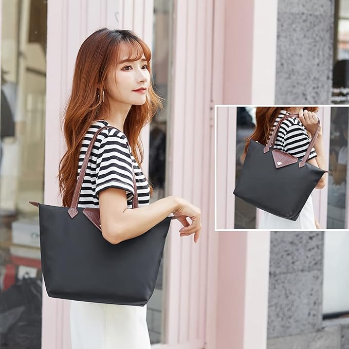 BOJLY Tote Bags for Women Stylish Waterproof Nylon Ladies Shoulder Bag Top Handle Handbag Folding Beach Travel Bag for Work,Shopping, School Deep Grey, L