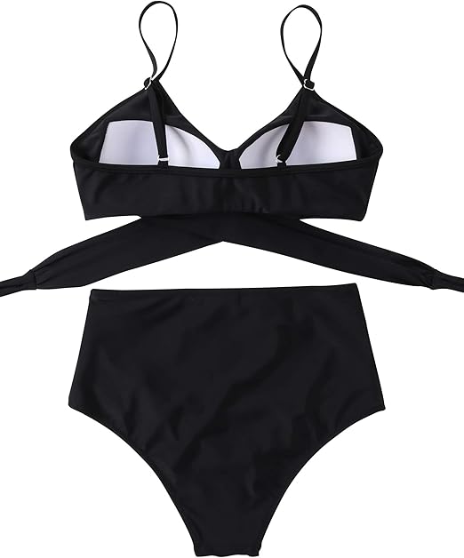 DOULAFASS High Waisted Bikini Set Push Up Bikini Top Tummy Control Bikini Padded 2 Piece Bikini Black, M