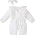 Edjude Romper for Newborn Baby Girl Clothes Ruffle Long Sleeve Floral Jumpsuit Bodysuit Baby Girls Onesies with Headband Size 6-9 Months, White