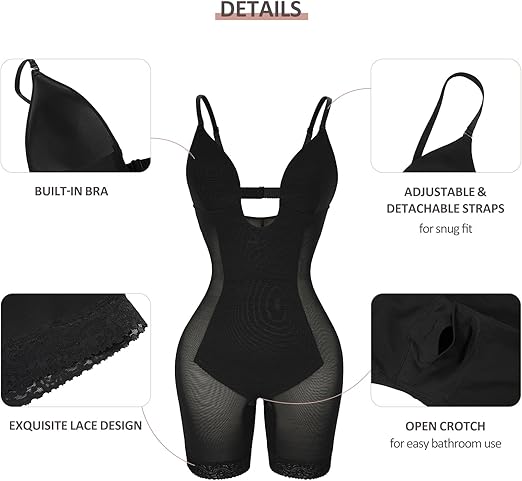 FeelinGirl Shaping Bodysuit for Women Tummy Control Seamless Bodysuit Mesh Built-in Bra Backless Body Shaper with U Plunge, Black, S