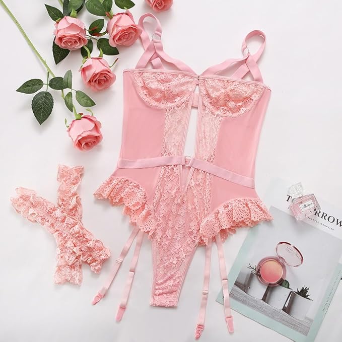 Satohom Women Sexy Lingerie One Size Mesh Lace Teddy Bodysuit with Garter Belt and Thigh Cuffs, One Piece Leotard Deep V Neck Stretchy Playsuits Ladies Adult Naughty Babydoll Floral Romper Pink, One Size