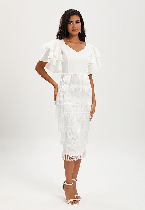 VERWIN Women's Fringe Maxi Dress High Waist V Neck Tiered Tassels Dress Ruffles Sleeve Bodycon Prom Dress M White