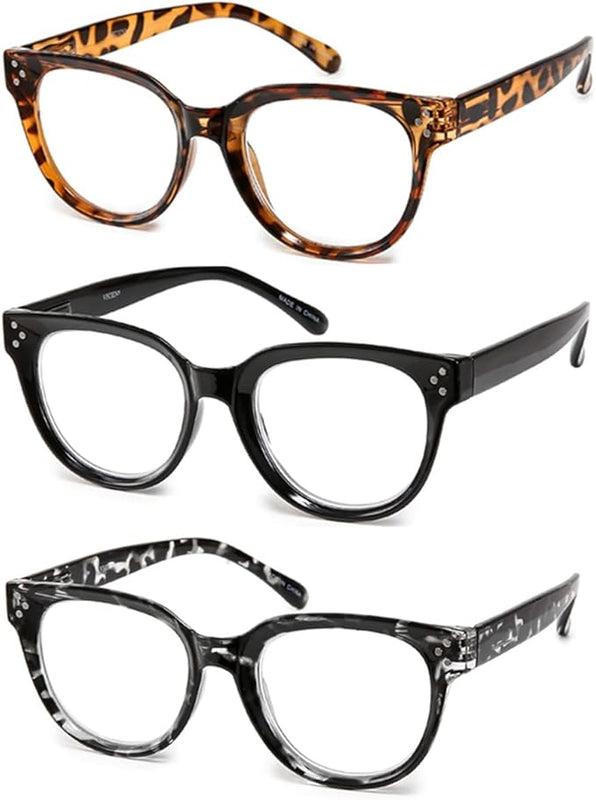 Vecien Reading Glasses Oversized for Women Large Frame Big Lens Readers Spring Hinge Retro 3 Pack +1.75
