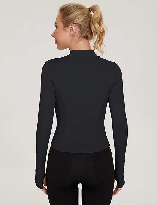 IECCP Gym Tops for Women Long Sleeve Running T-Shirt Half Zip Sports Fitness Jacket Workout Yoga Tee Shirts with Thumb Holes Black L