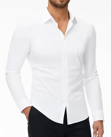 DEMEANOR Stretch Dress Shirts for Men Long Sleeve Mens Dress Shirts Slim fit Mens Casual Non Iron Shirts Formal Muscle fit Shirts for Men Pearl White, M