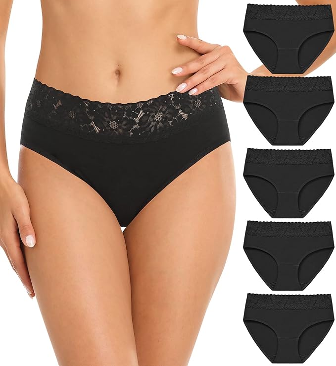 Wealurre Cotton Underwear Women Lace Waistband Full Briefs Ladies High Leg Knickers for Women Soft Stretch Panties Multipack 5 (X-Large, Black)